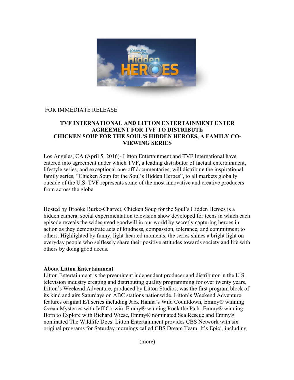 For Immediate Release Tvf International and Litton