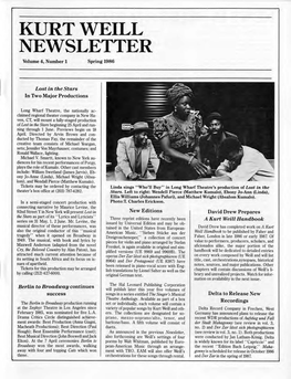 KURT WEILL NEWSLETTER Volume 4, Number 1 Spring 1986