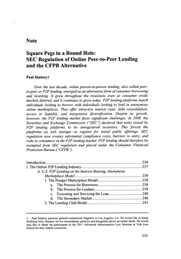 Square Pegs in a Round Hole: SEC Regulation of Online Peer-To-Peer Lending and the CFPB Alternative