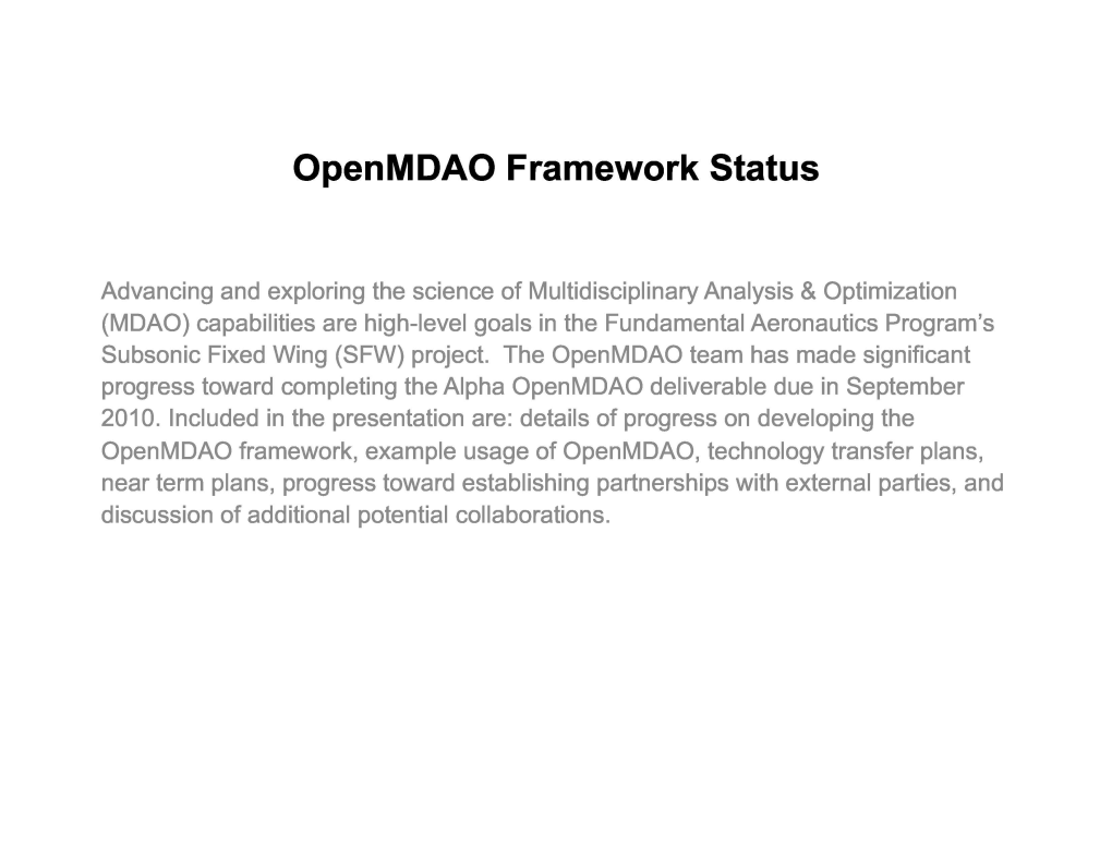 Openmdao Framework Status