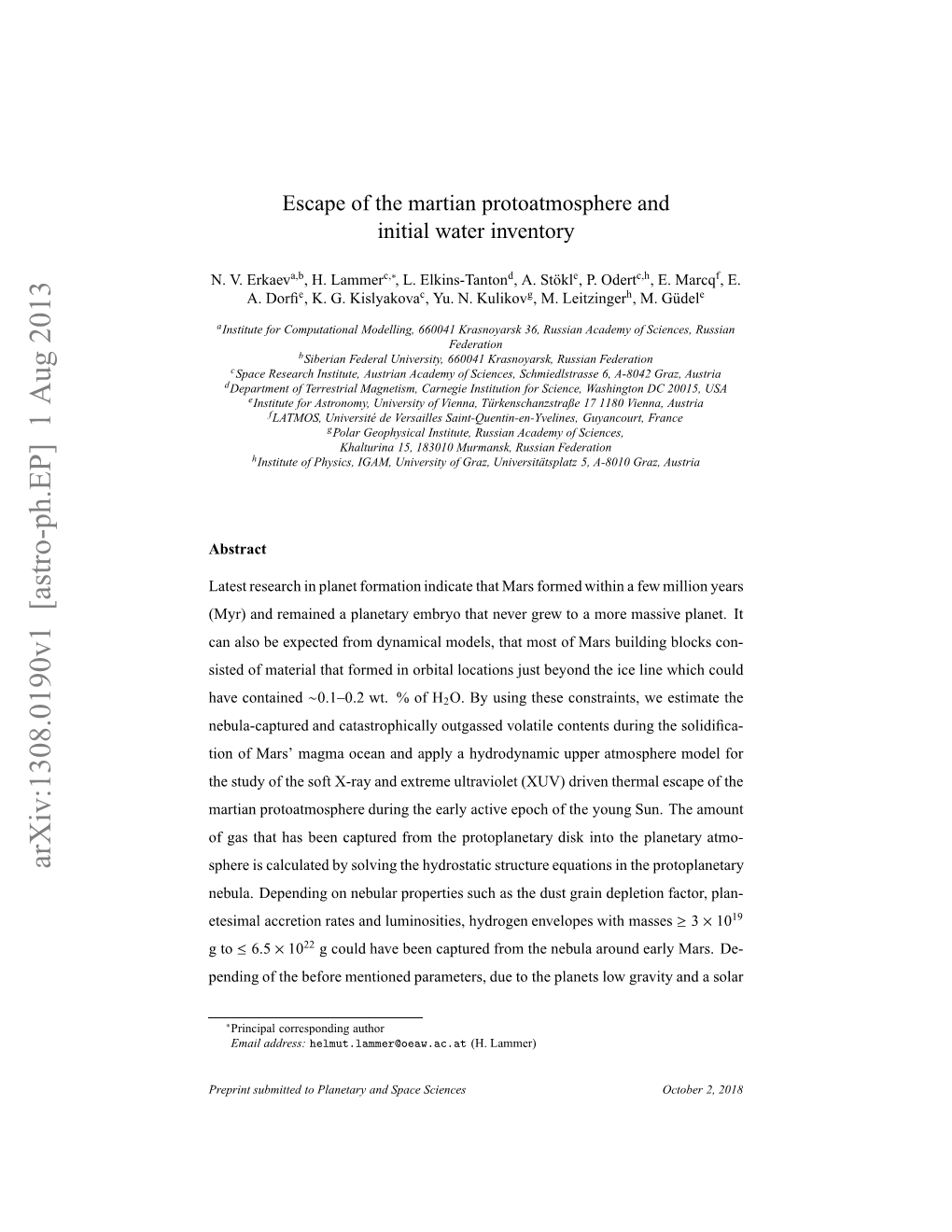 Escape of the Martian Protoatmosphere and Initial Water