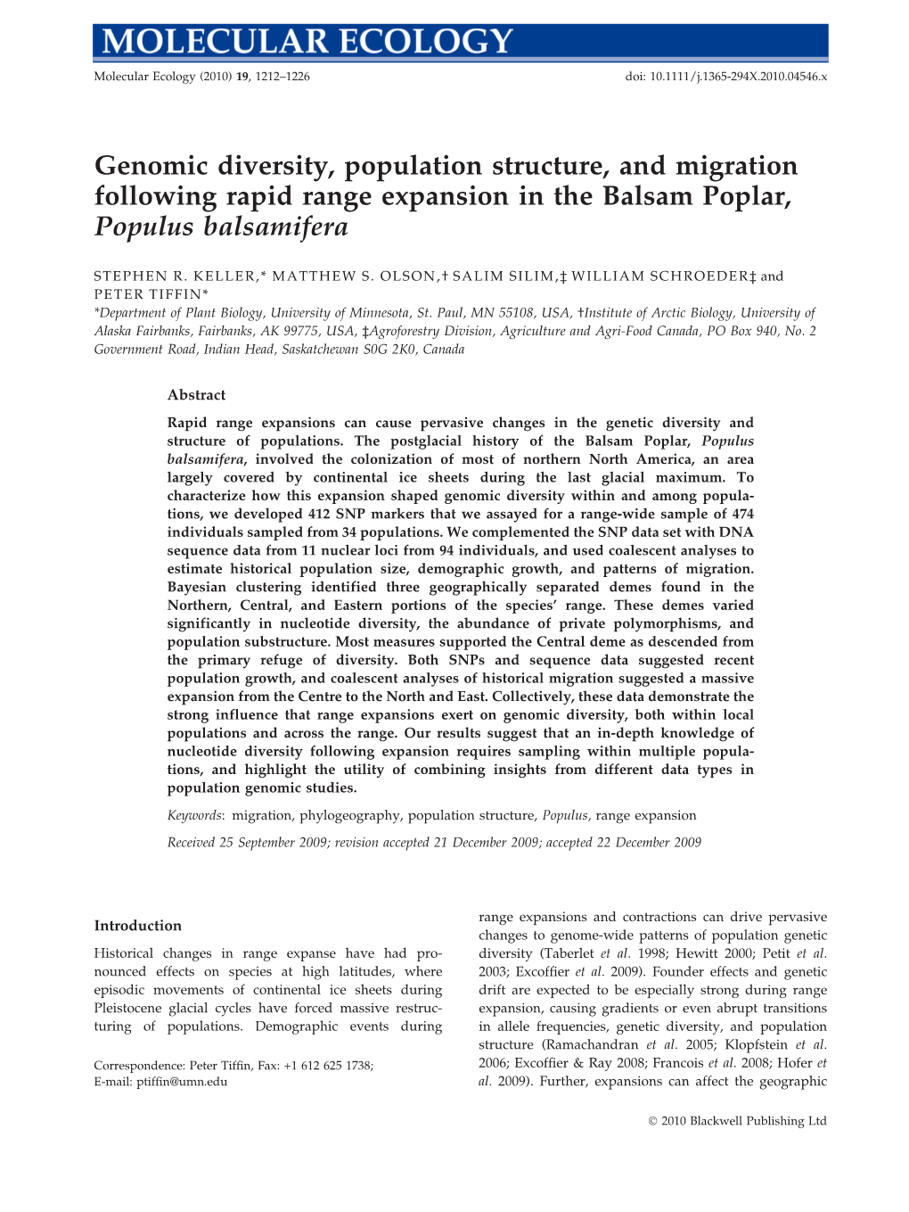 Genomic Diversity, Population Structure, and Migration Following Rapid Range Expansion in the Balsam Poplar, Populus Balsamifera