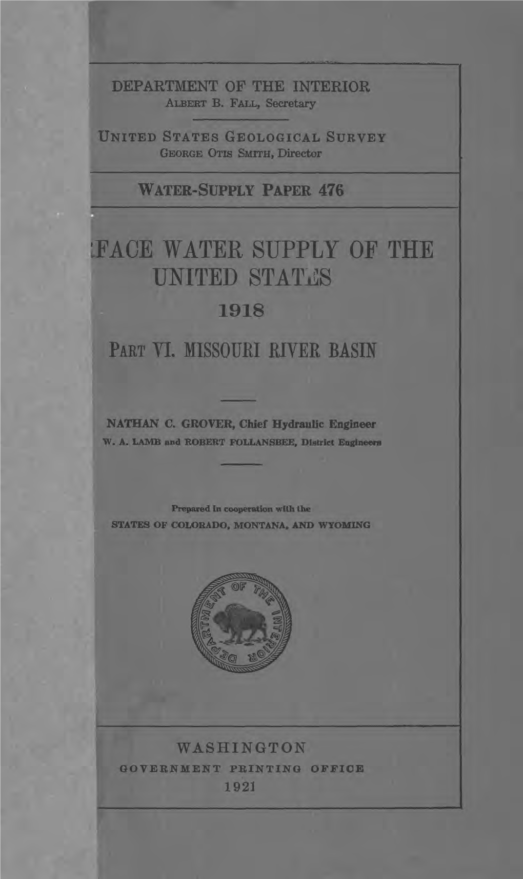 LFACE WATER SUPPLY of the UNITED Statifis 1918 PART VI