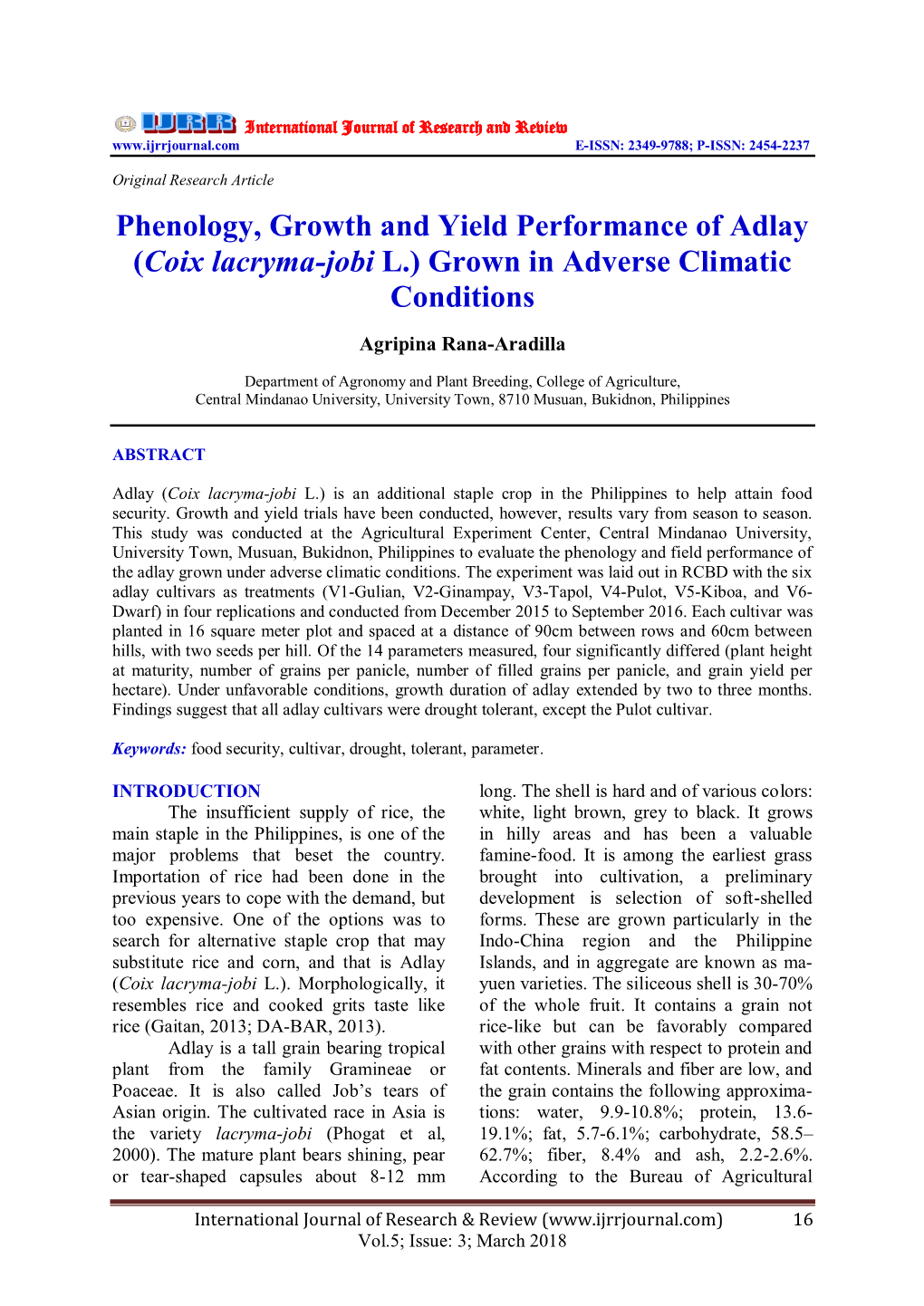 Phenology, Growth and Yield Performance of Adlay (Coix Lacryma-Jobi L.) Grown in Adverse Climatic Conditions
