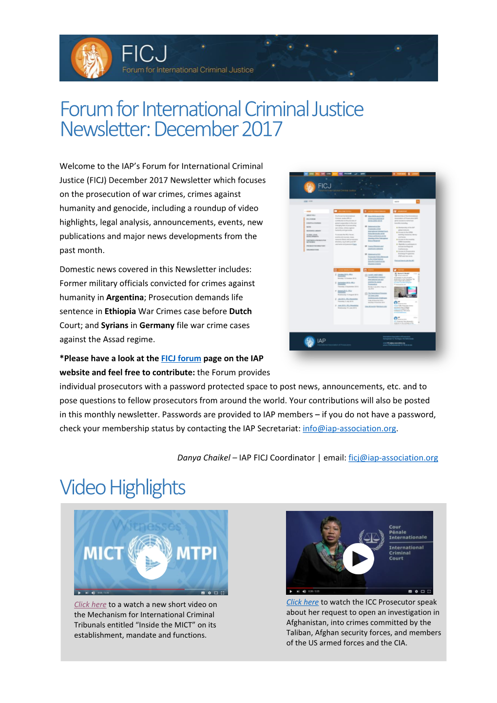 Forum for International Criminal Justice Newsletter: December 2017 Video Highlights