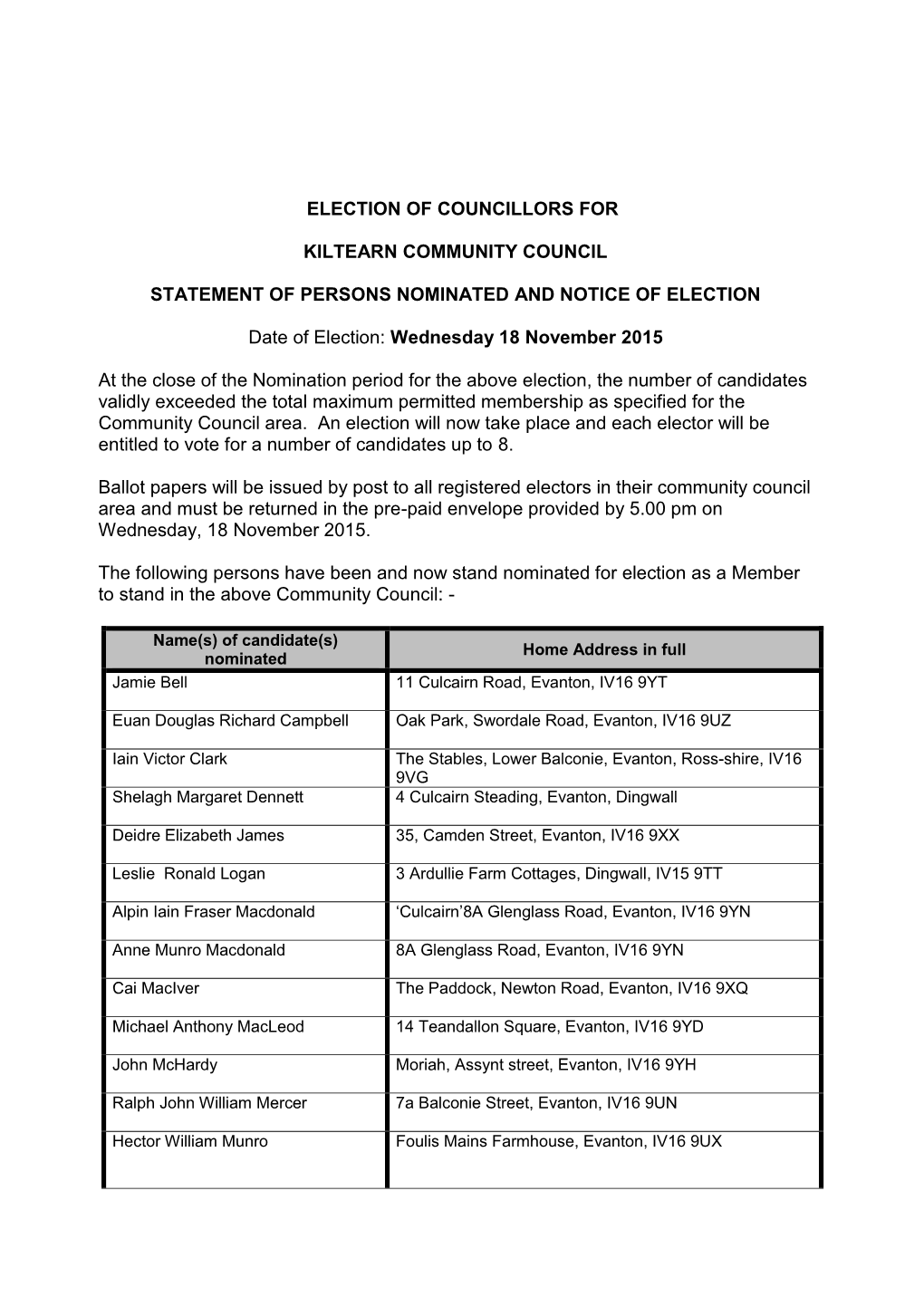 Election of Councillors for Kiltearn