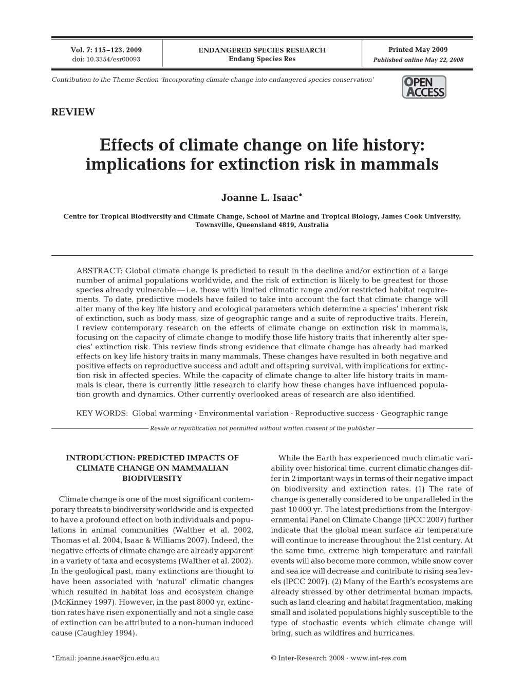 Effects of Climate Change on Life History: Implications for Extinction Risk in Mammals