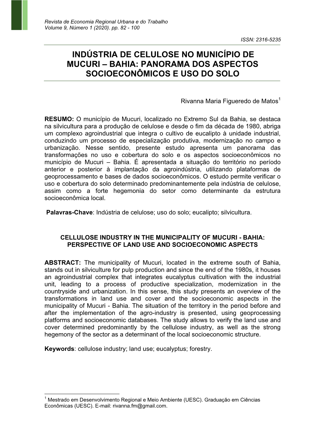 Indústria De Celulose No Município De Mucuri – Bahia: Panorama Dos Aspectos Socioeconômicos E Uso Do Solo