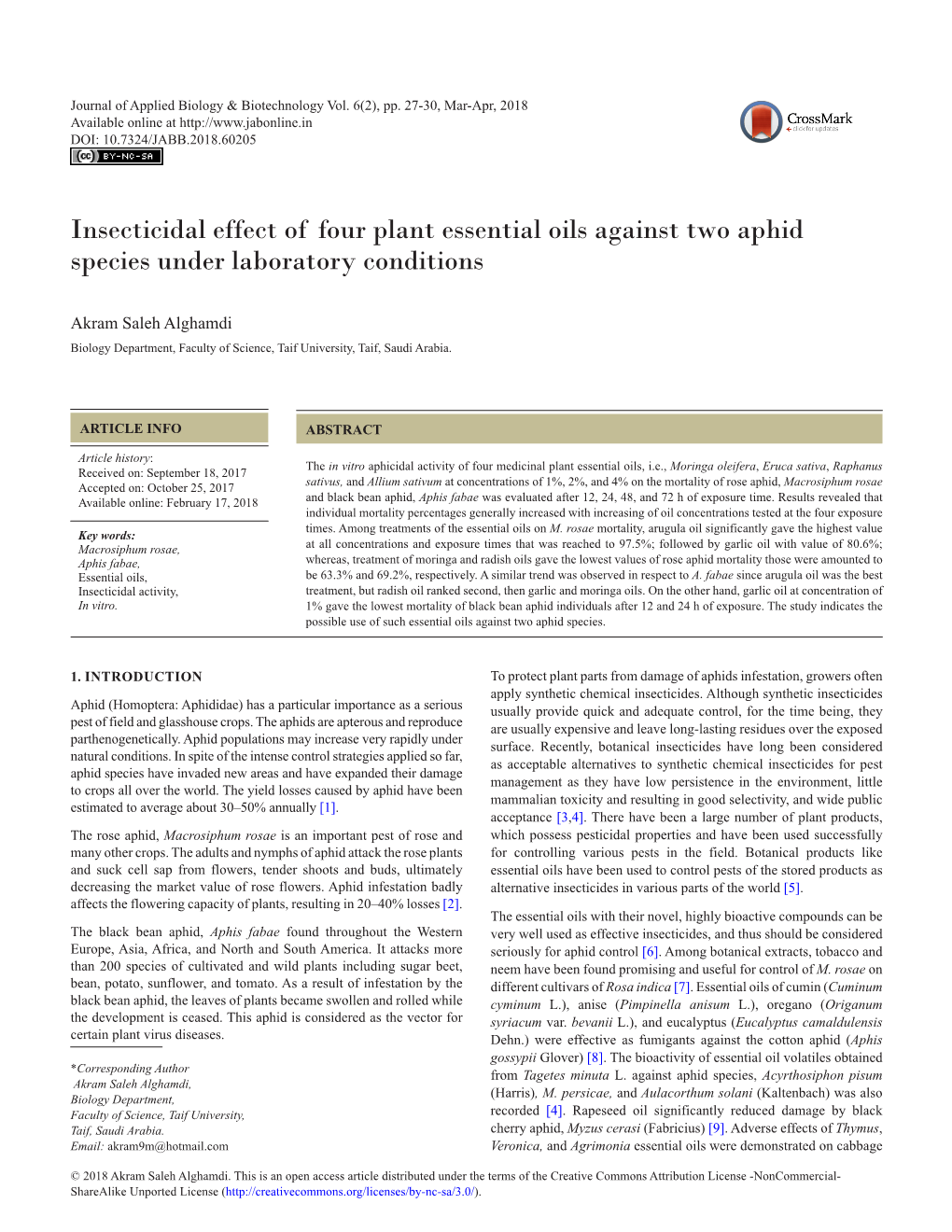 Insecticidal Effect of Four Plant Essential Oils Against Two Aphid Species Under Laboratory Conditions