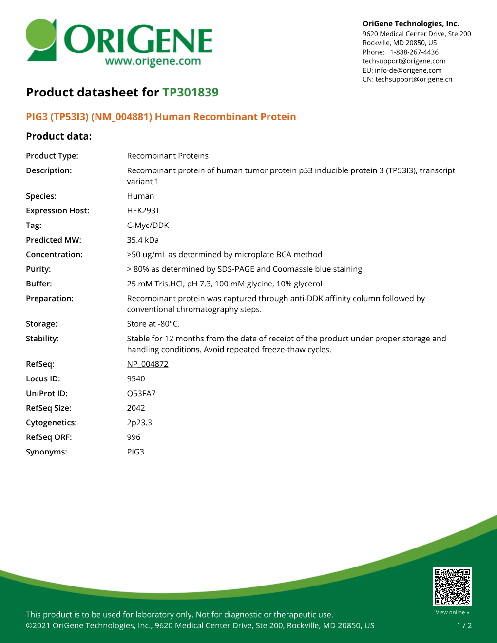 PIG3 (TP53I3) (NM 004881) Human Recombinant Protein Product Data