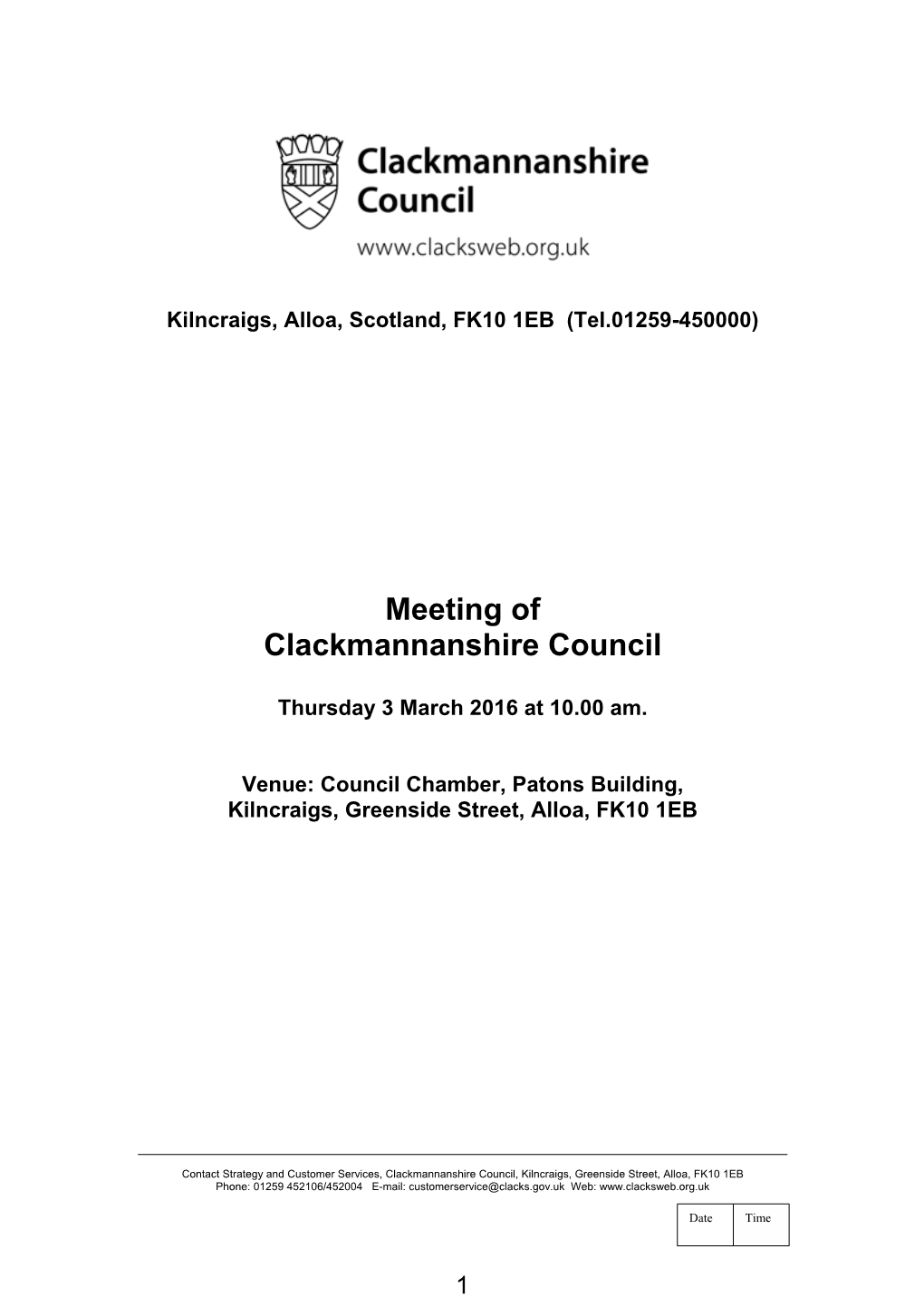 Agenda for the Clackmannanshire Council Meeting on 3 March 2016