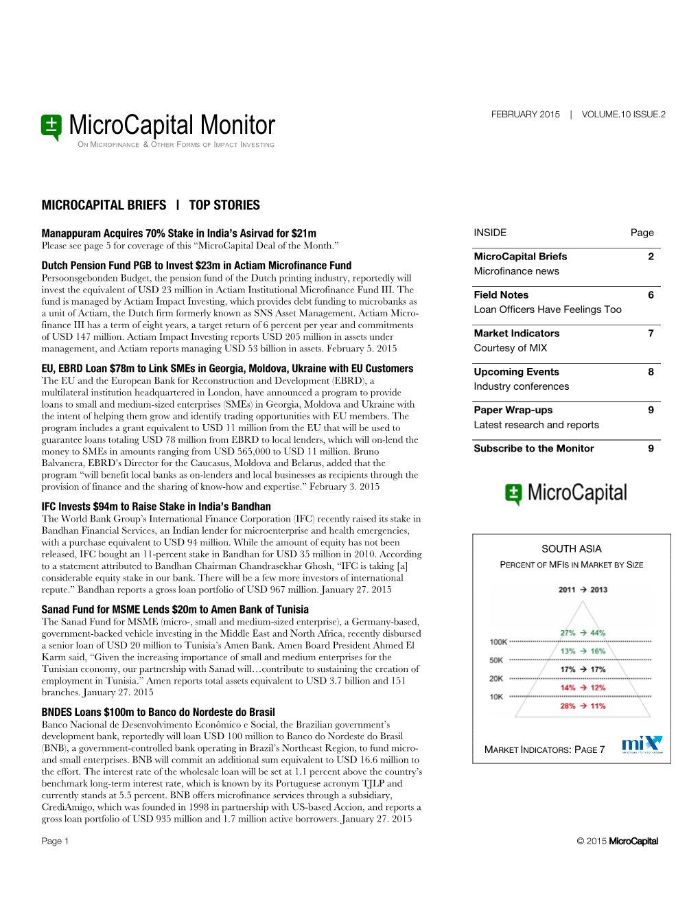 Microcapital Monitor FEBRUARY 2015 | VOLUME.10 ISSUE.2 on MICROFINANCE & OTHER FORMS of IMPACT INVESTING