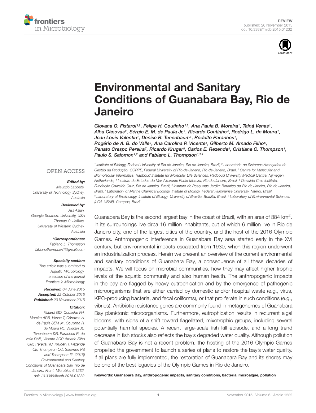 Environmental and Sanitary Conditions of Guanabara Bay, Rio De Janeiro