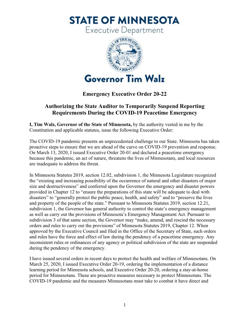 Emergency Executive Order 20-22 Authorizing the State Auditor To