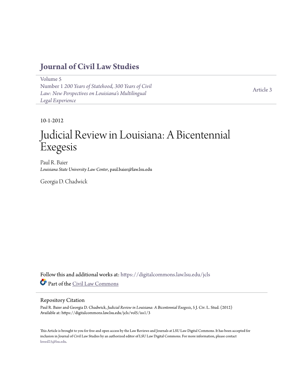 Judicial Review in Louisiana: a Bicentennial Exegesis Paul R