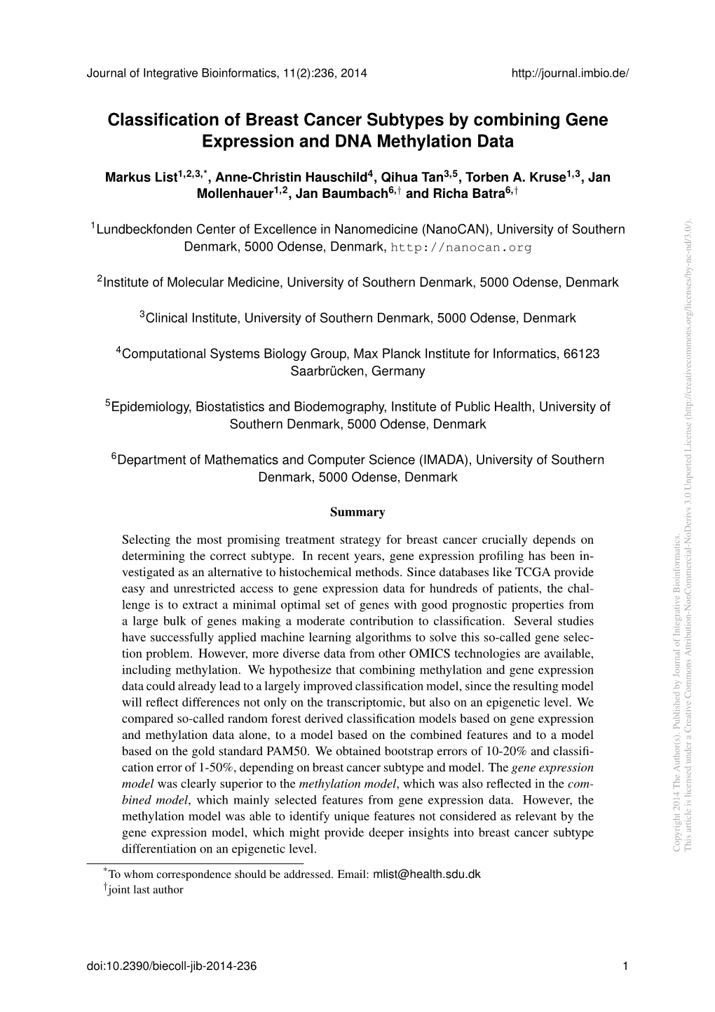 Classification of Breast Cancer Subtypes by Combining Gene