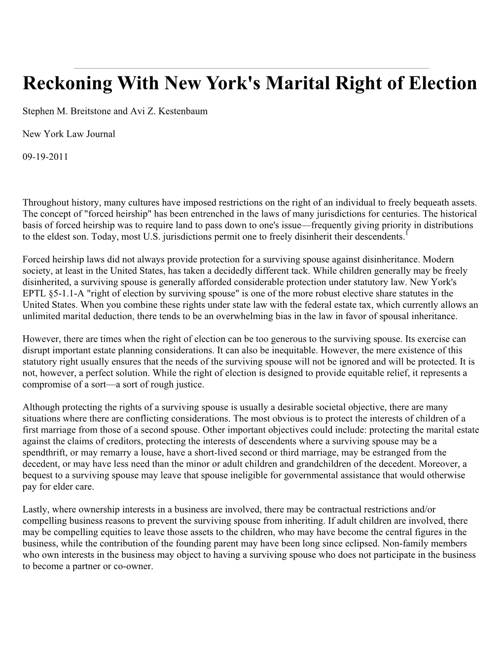 Reckoning with New York's Marital Right of Election