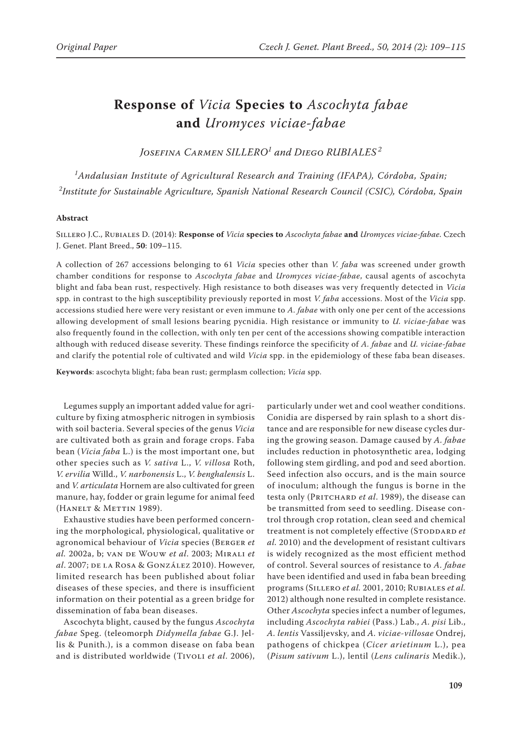 Response of Vicia Species to Ascochyta Fabae and Uromyces Viciae-Fabae