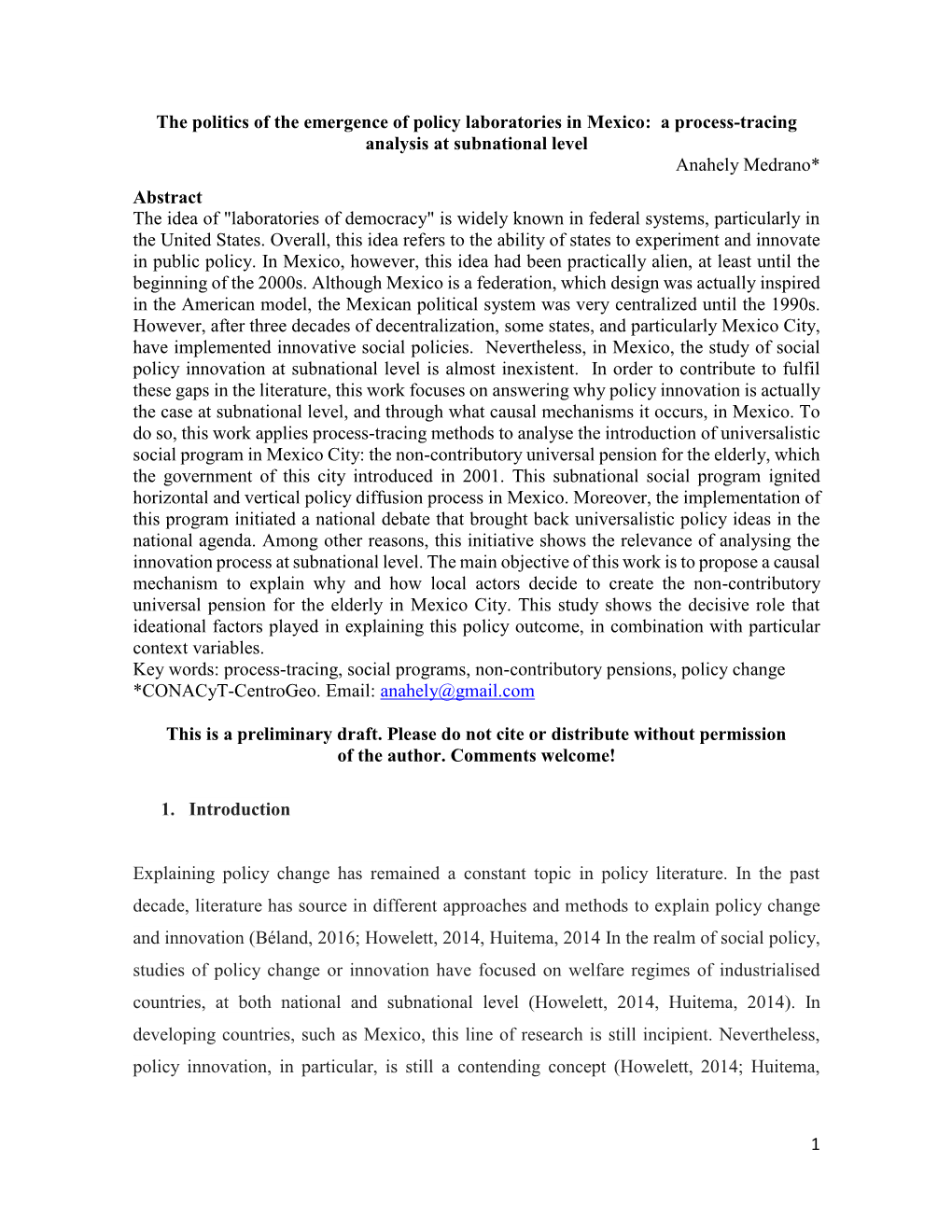 1 the Politics of the Emergence of Policy Laboratories in Mexico: A