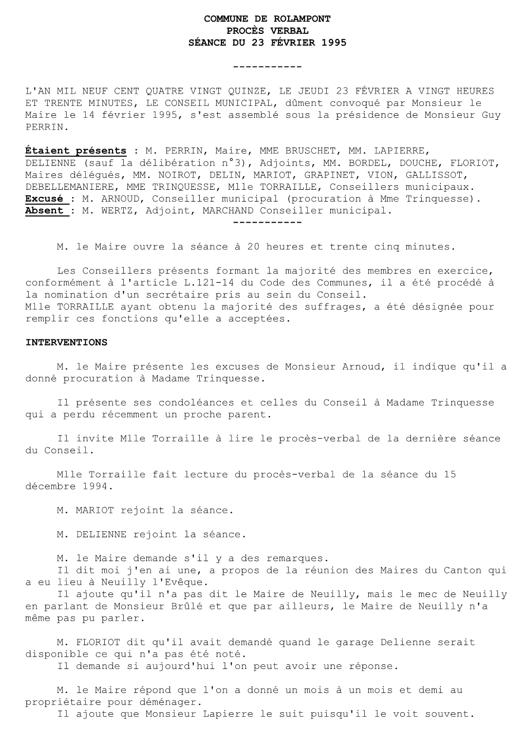 Commune De Rolampont Procès Verbal Séance Du 23 Février 1995