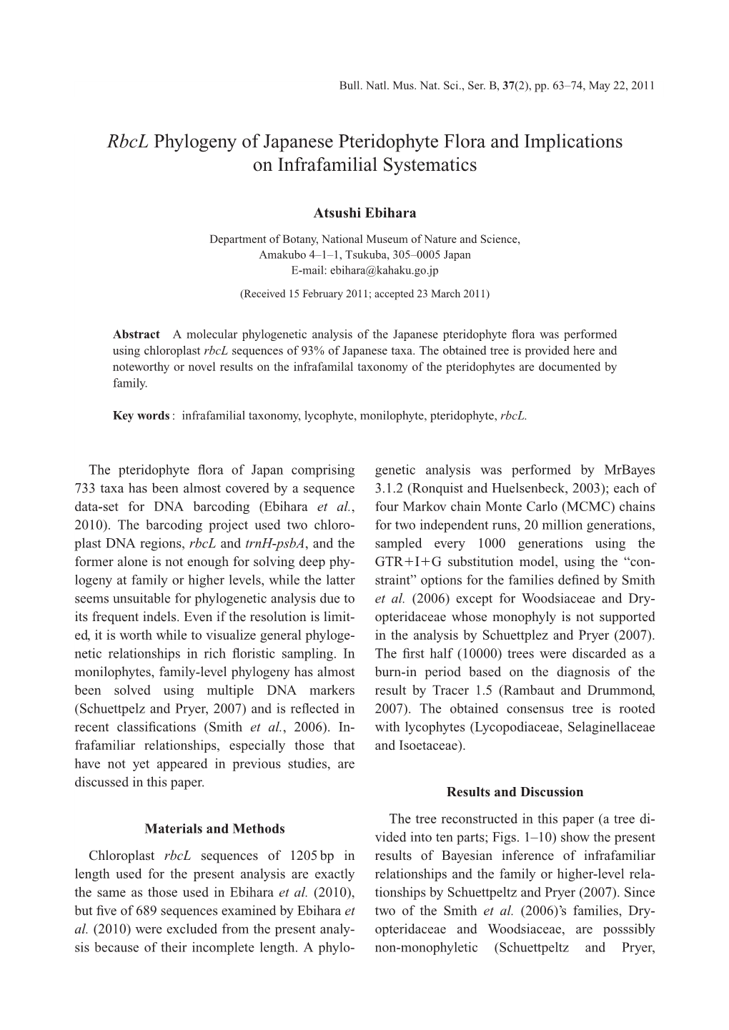 Ebihara, A, 2011. Rbcl Phylogeny of Japanese Pteridophyte Flora And