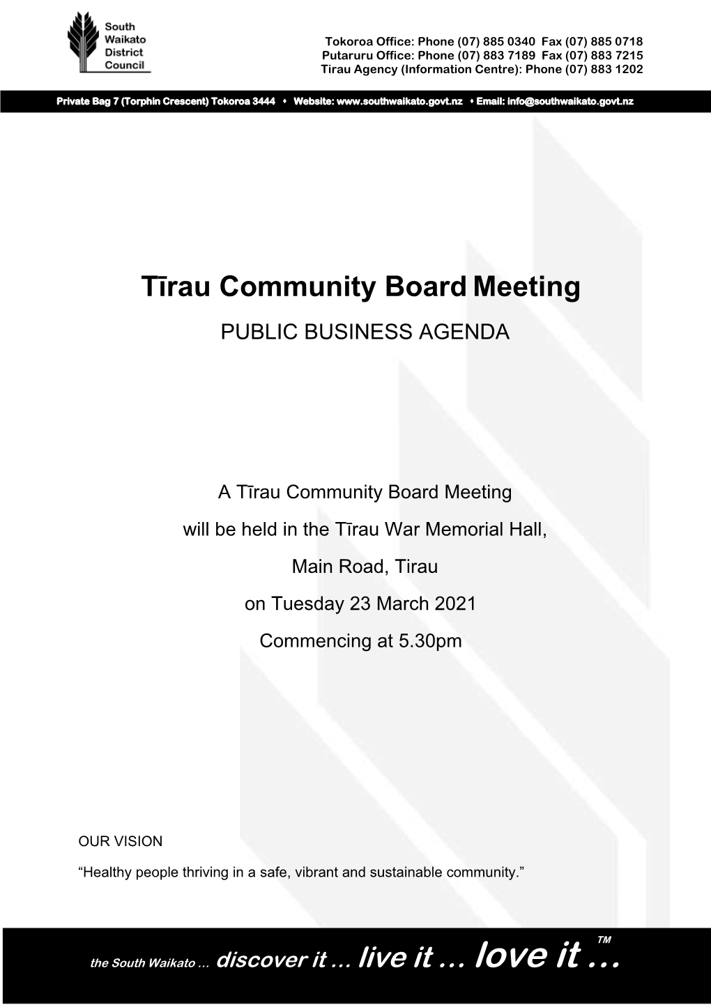 Tīrau Community Board Meeting PUBLIC BUSINESS AGENDA