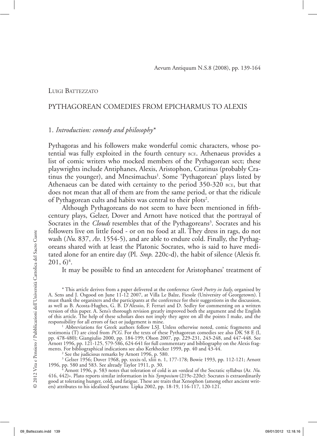 Pythagorean Comedies from Epicharmus to Alexis 141