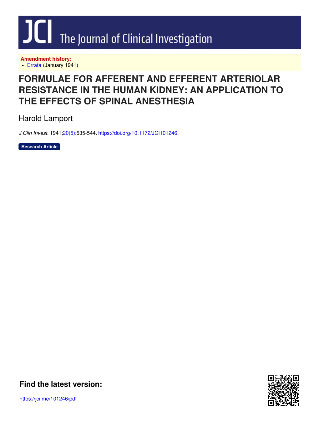 Formulae for Afferent and Efferent Arteriolar Resistance in the Human Kidney: an Application to the Effects of Spinal Anesthesia