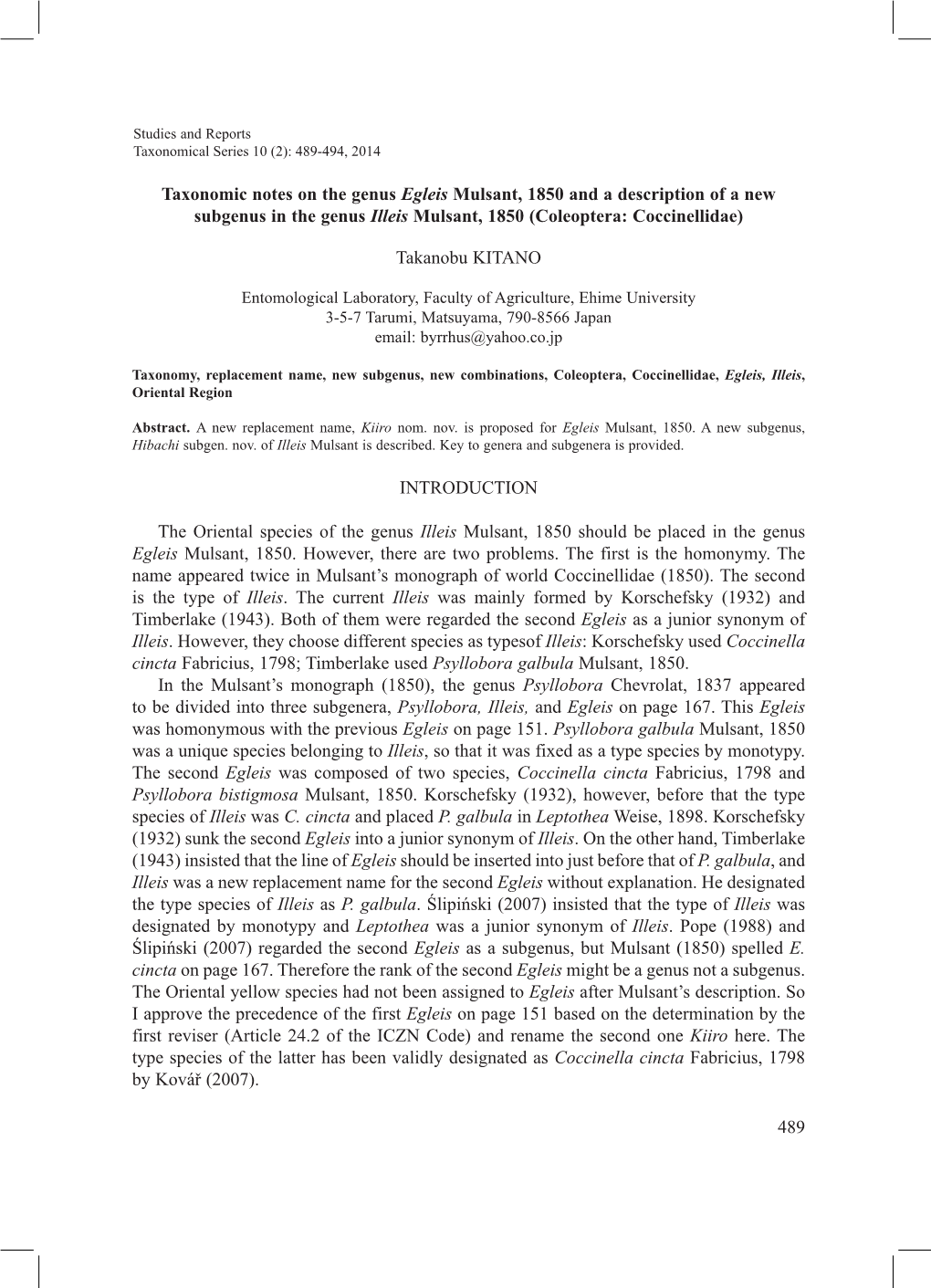 Taxonomic Notes on the Genus Egleis Mulsant, 1850 and a Description of a New Subgenus in the Genus Illeis Mulsant, 1850 (Coleoptera: Coccinellidae)