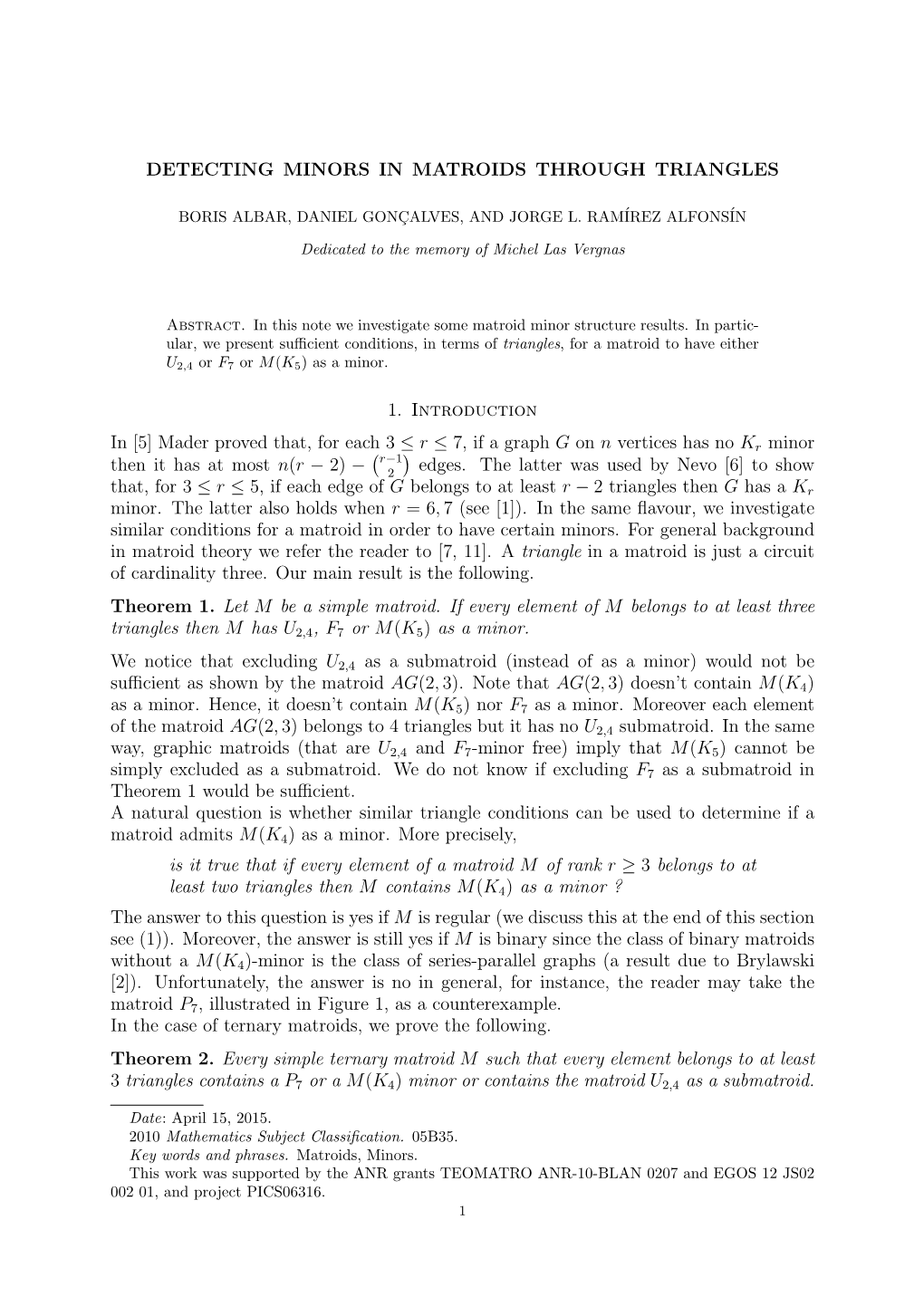 Detecting Minors in Matroids Through Triangles