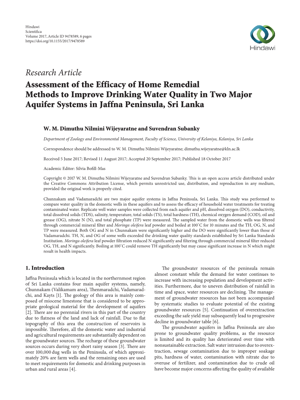 Assessment of the Efficacy of Home Remedial Methods to Improve Drinking Water Quality in Two Major Aquifer Systems in Jaffna Peninsula, Sri Lanka