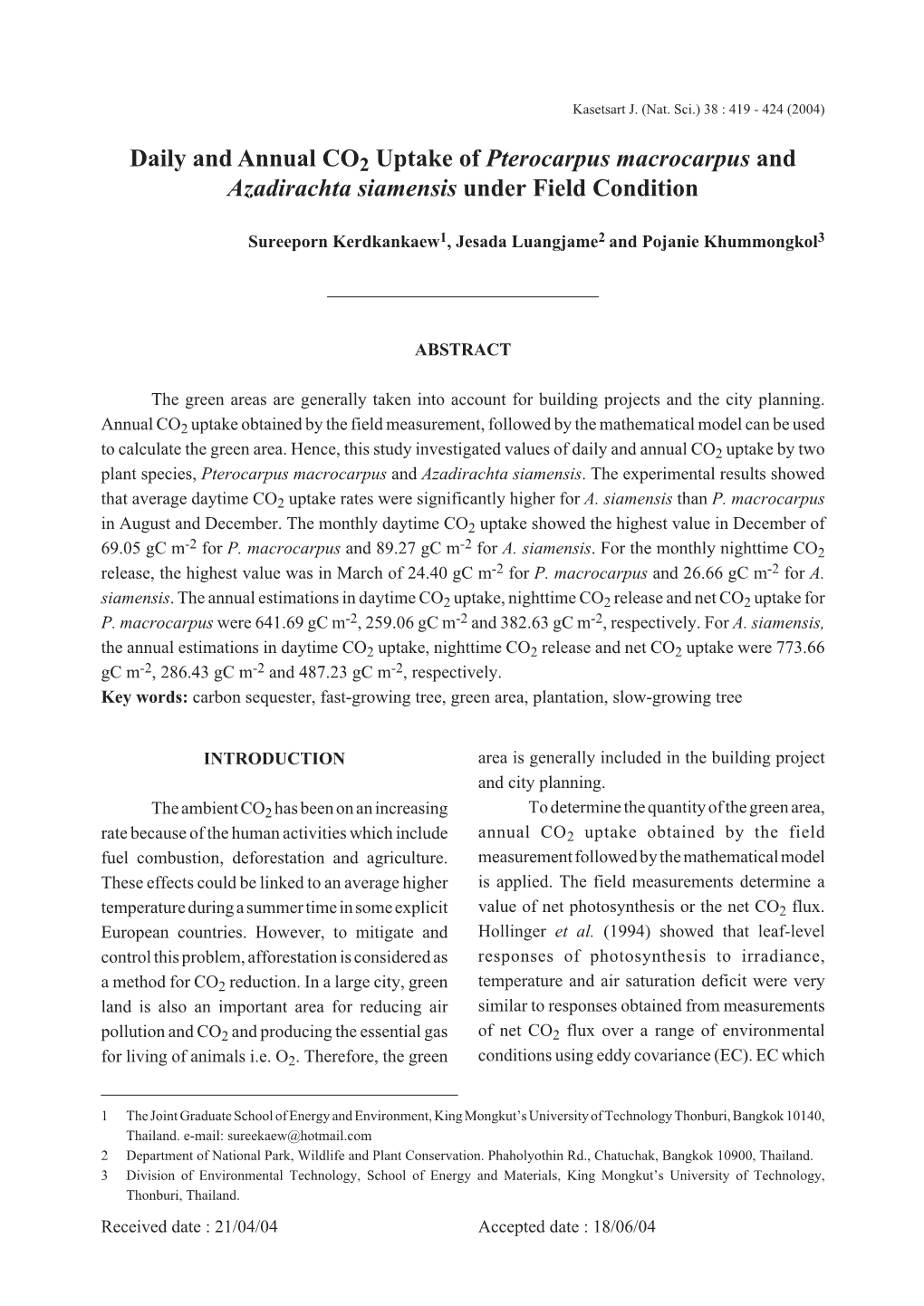 Daily and Annual CO2 Uptake of Pterocarpus Macrocarpus and Azadirachta Siamensis Under Field Condition