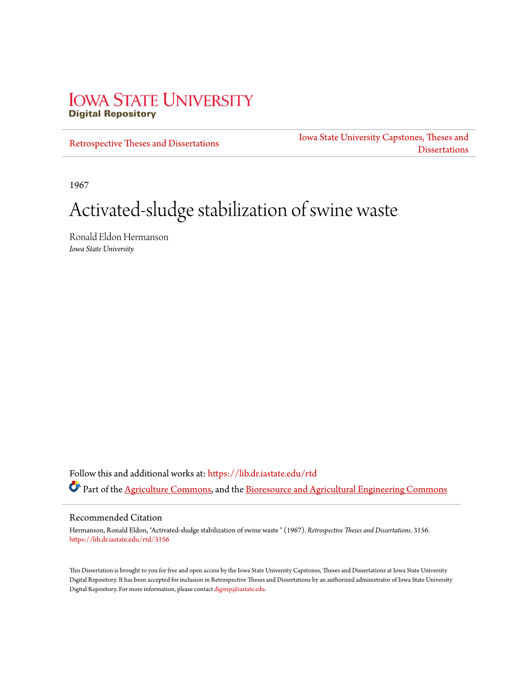 Activated-Sludge Stabilization of Swine Waste Ronald Eldon Hermanson Iowa State University