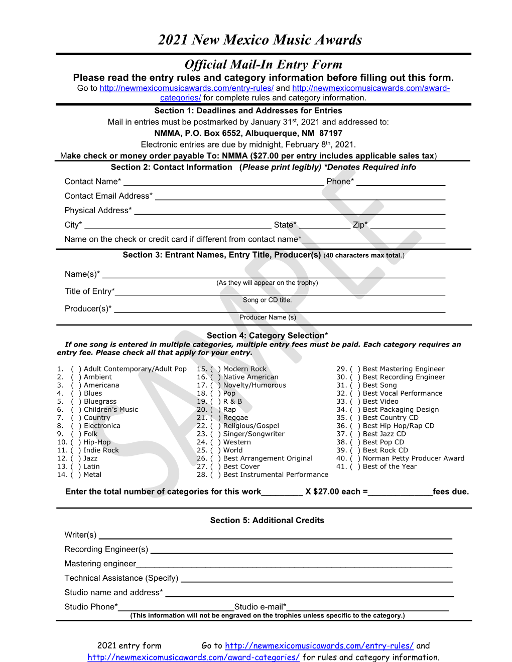 Sample 2021 Entry Form