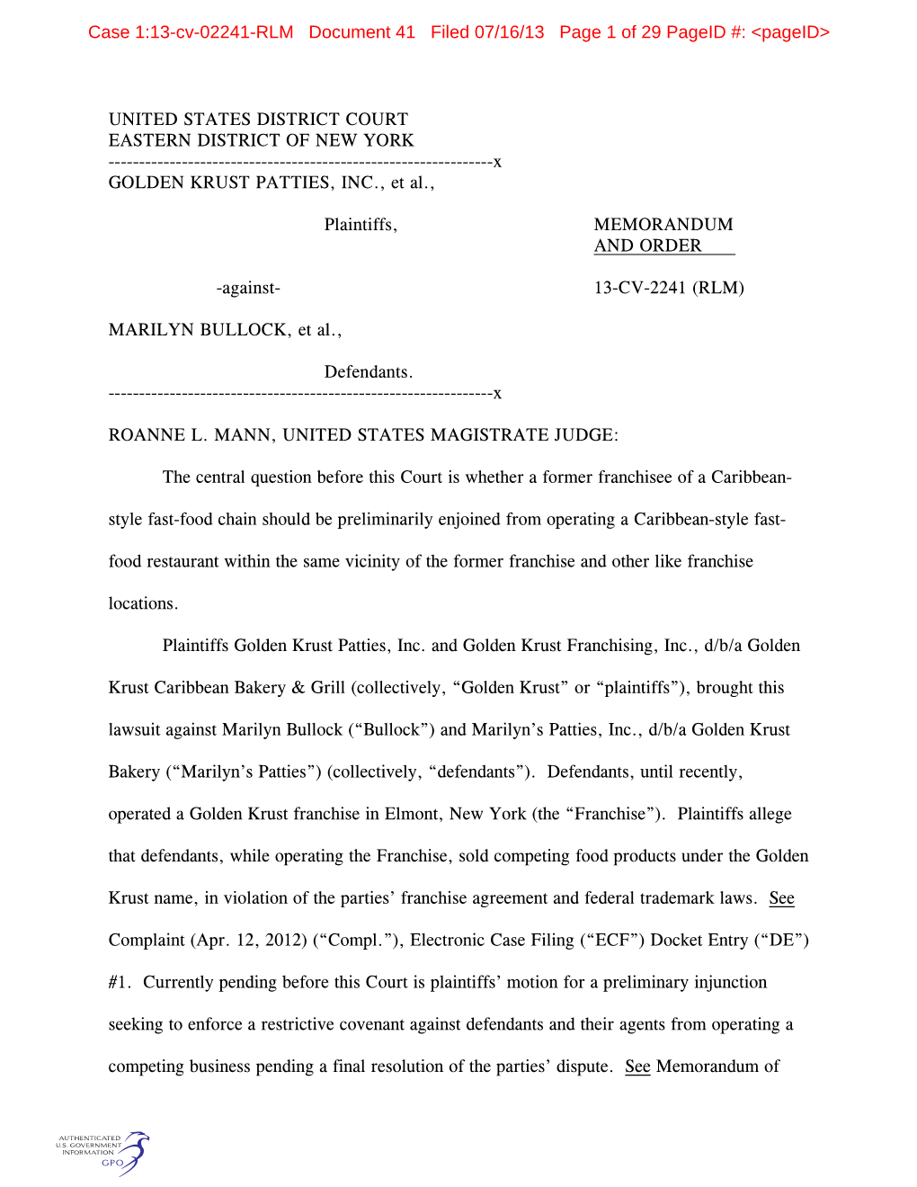 Case 1:13-Cv-02241-RLM Document 41 Filed 07/16/13 Page 1 of 29