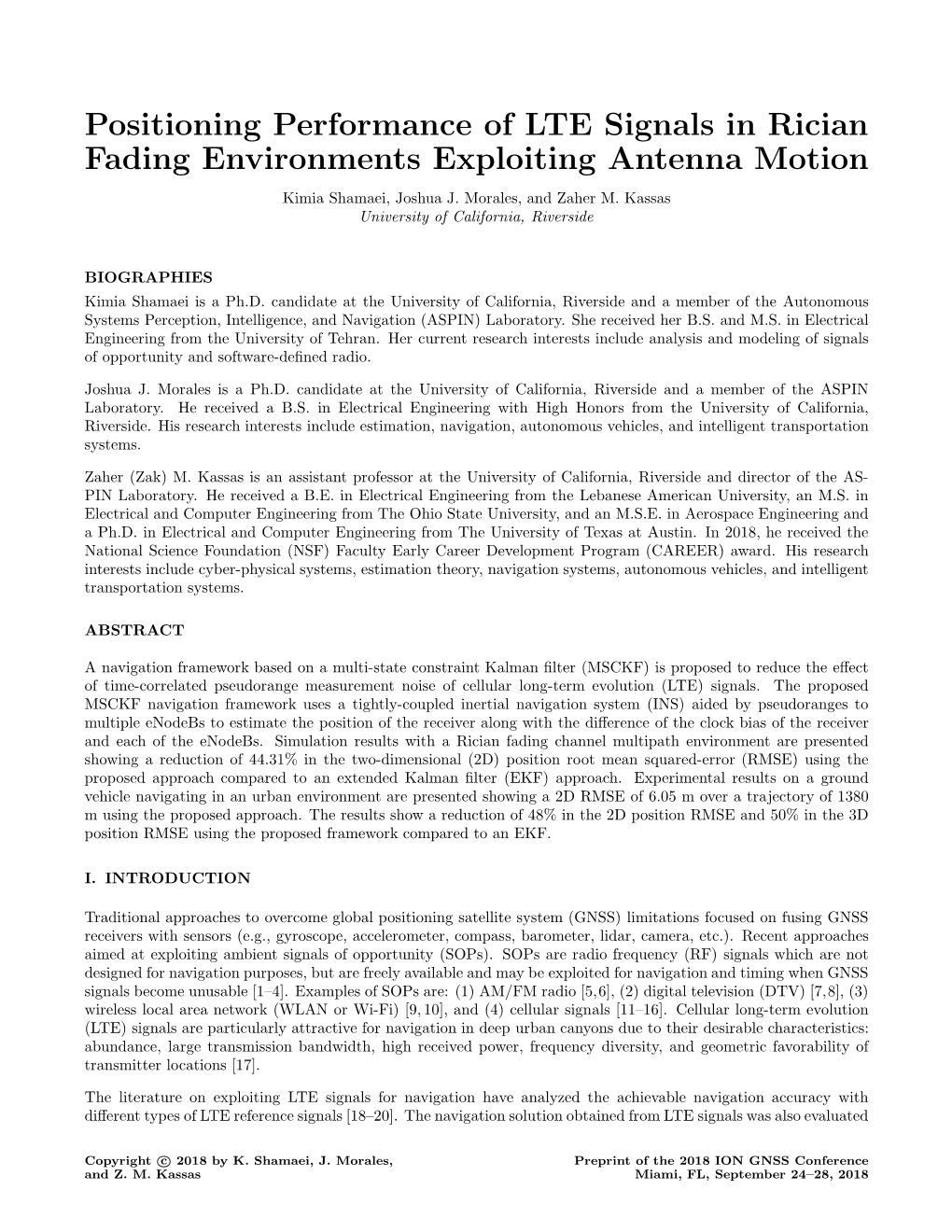 Positioning Performance of LTE Signals in Rician Fading Environments Exploiting Antenna Motion