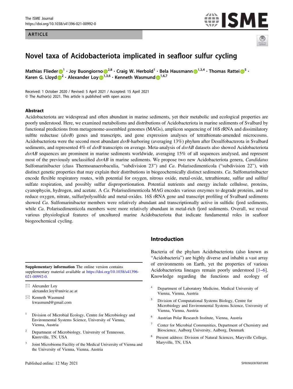 Novel Taxa of Acidobacteriota Implicated in Seafloor Sulfur Cycling