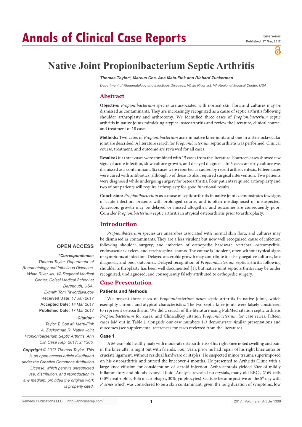 Native Joint Propionibacterium Septic Arthritis