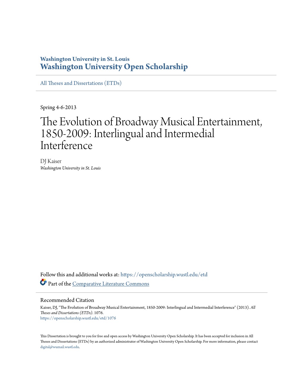 The Evolution of Broadway Musical Entertainment, 1850-2009: Interlingual and Intermedial Interference