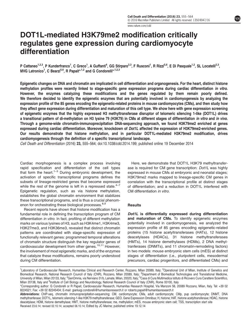 DOT1L-Mediated H3k79me2 Modification Critically Regulates Gene Expression During Cardiomyocyte Differentiation