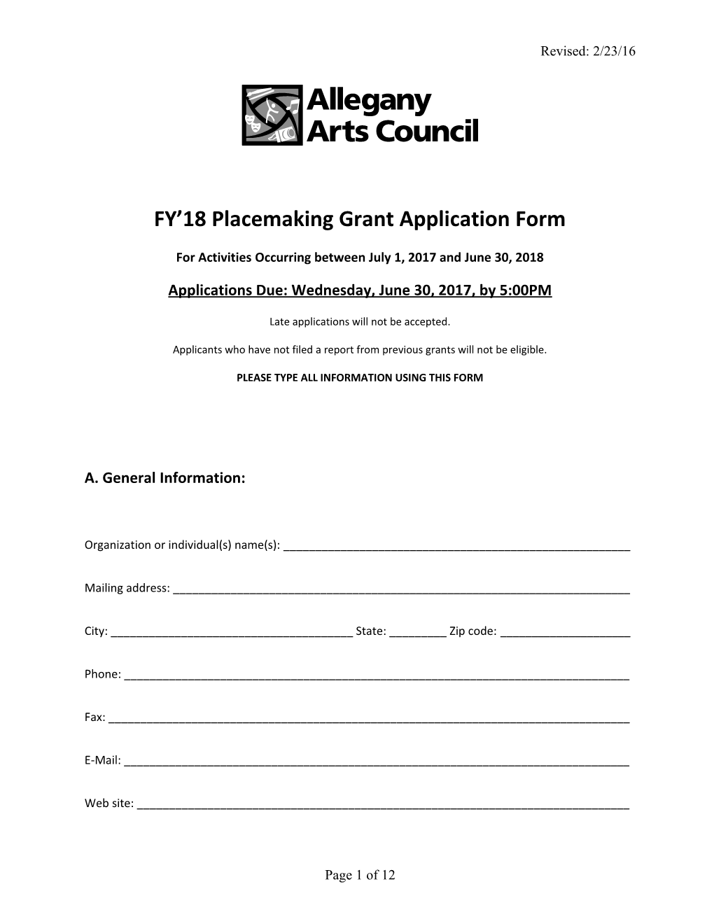 FY 18 Placemaking Grant Application Form