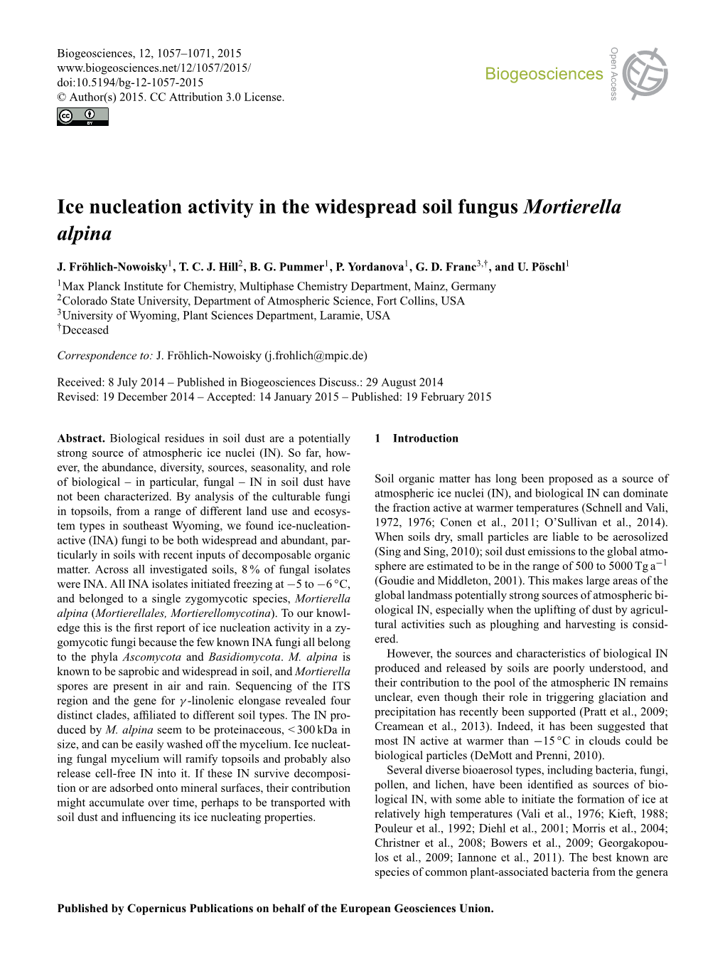 Ice Nucleation Activity in the Widespread Soil Fungus Mortierella Alpina