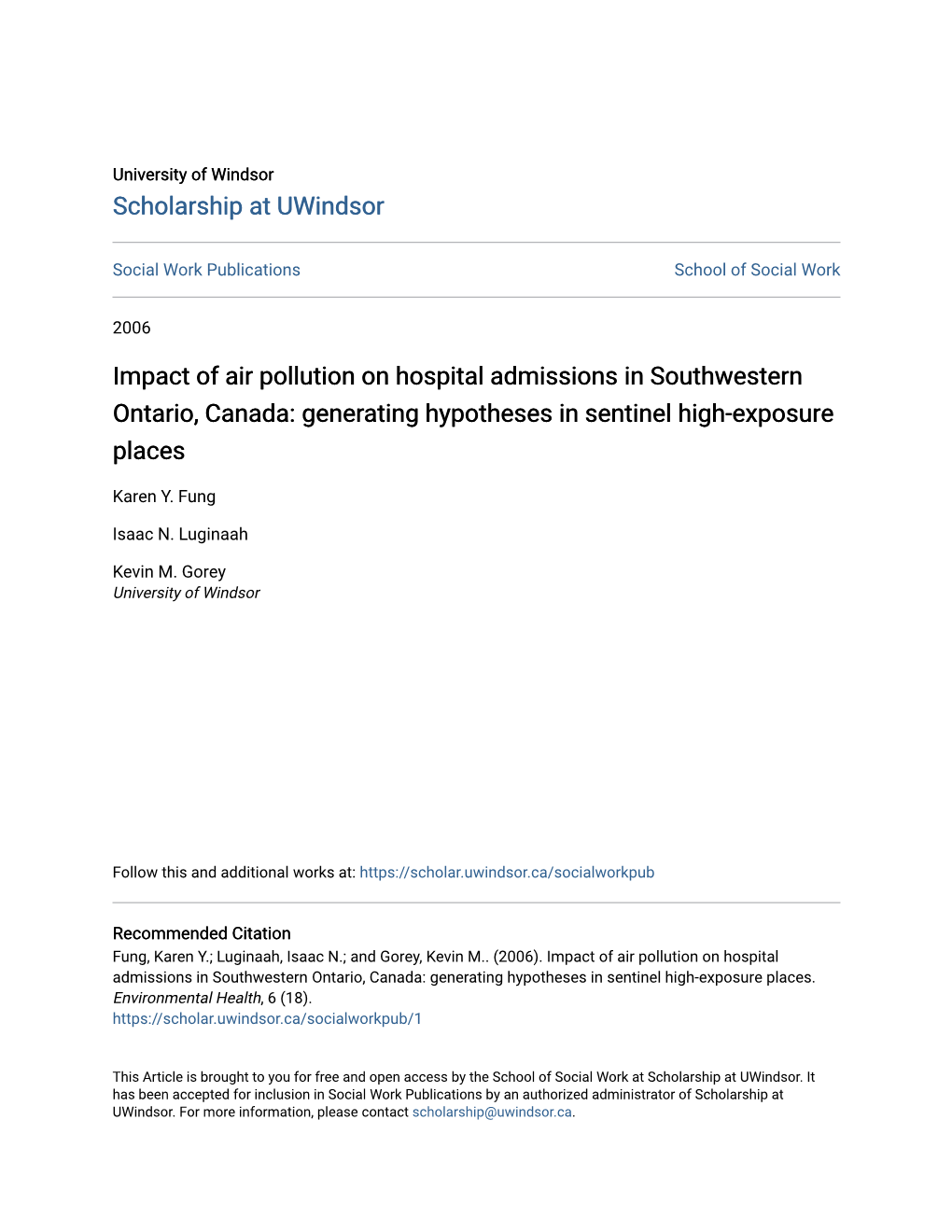Impact of Air Pollution on Hospital Admissions in Southwestern Ontario, Canada: Generating Hypotheses in Sentinel High-Exposure Places