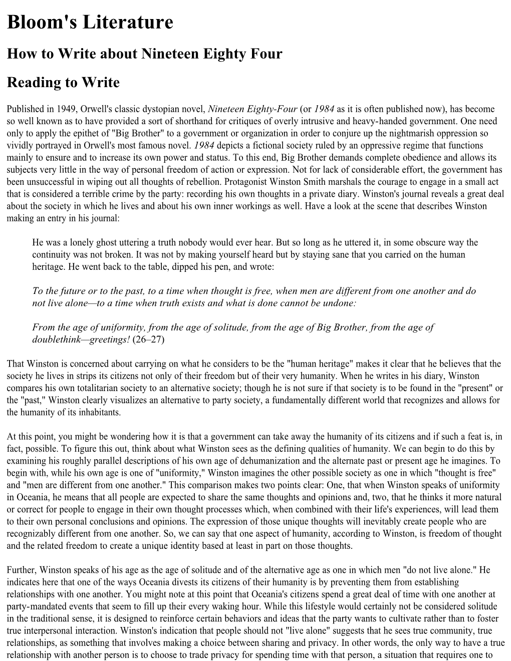 Bloom's Literature How to Write About Nineteen Eighty Four Reading to Write