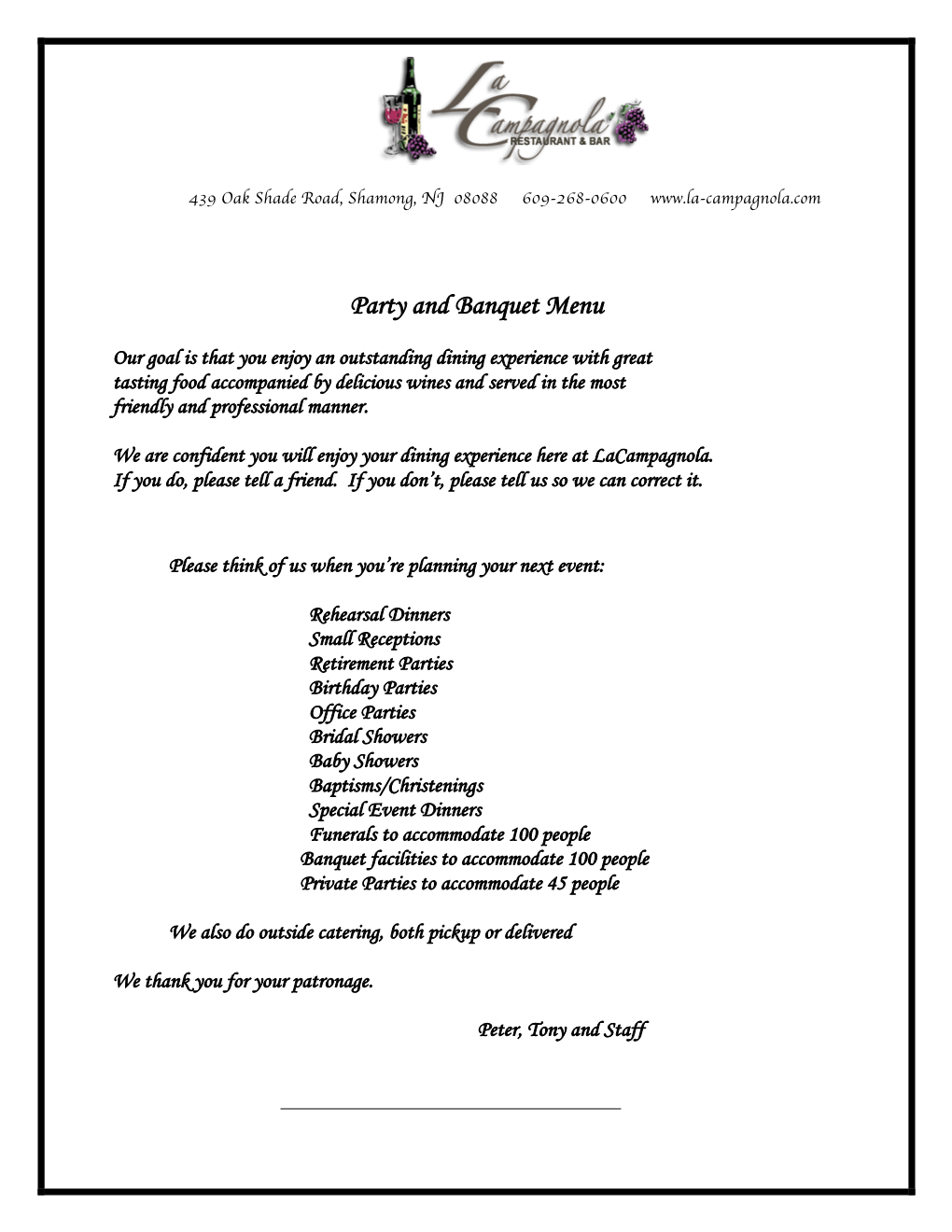 Party and Banquet Menu