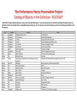 The Performance Poetry Preservation Project Catalog of Objects in the Collection ‐ 9/3/2016*