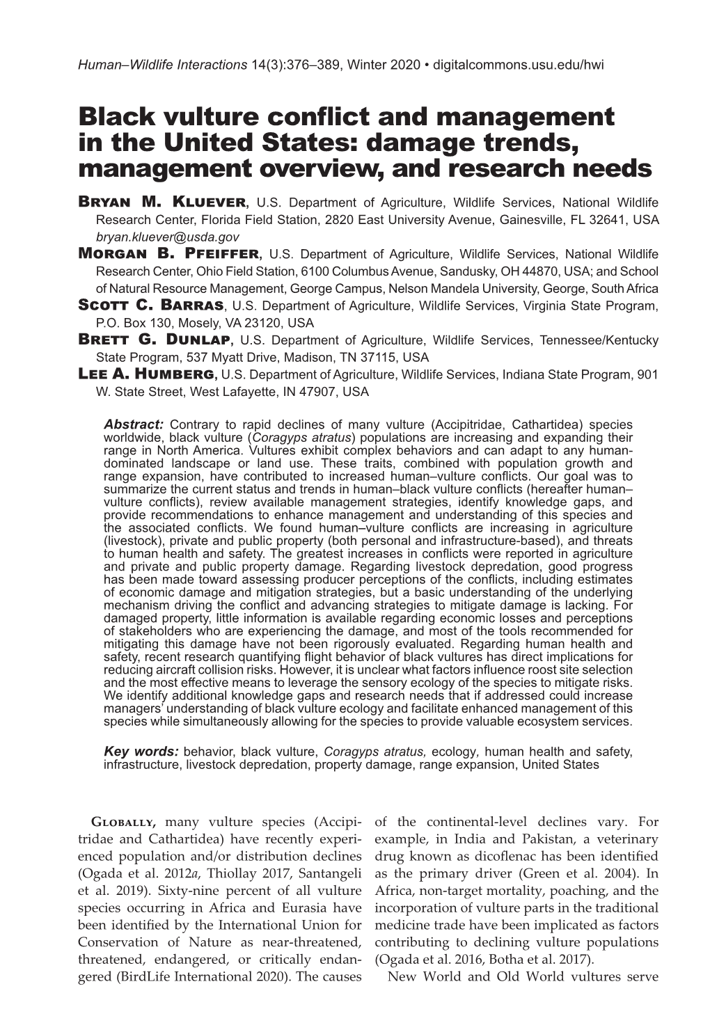 Black Vulture Conflict and Management in the United States: Damage Trends, Management Overview, and Research Needs