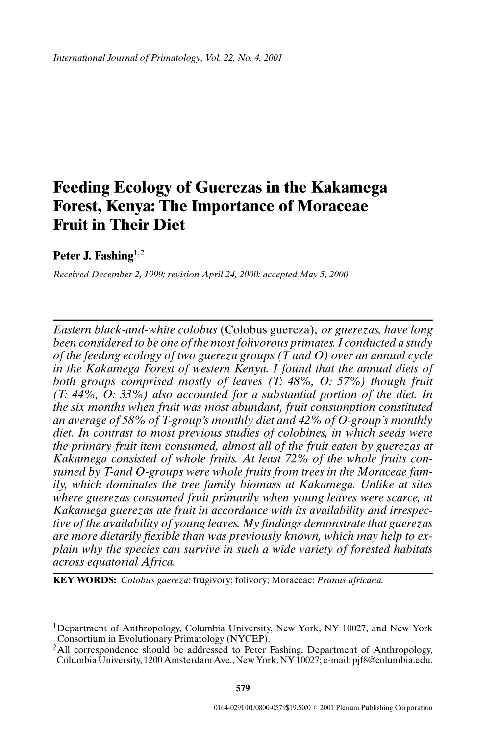 Feeding Ecology of Guerezas in the Kakamega Forest, Kenya: the Importance of Moraceae Fruit in Their Diet