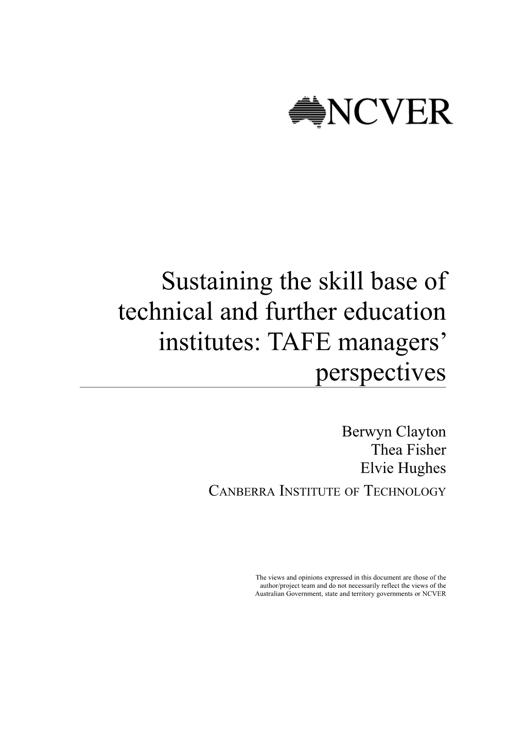 Sustaining the Skill Base of Technical and Further Education Institutes: TAFE Managers