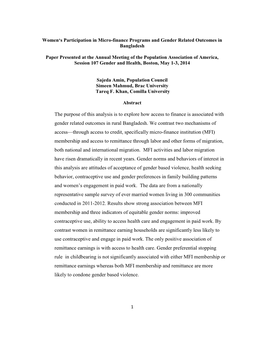 Paper Presented at the Annual Meeting of the Population Association of America, Session 107 Gender and Health, Boston, May 1-3, 2014